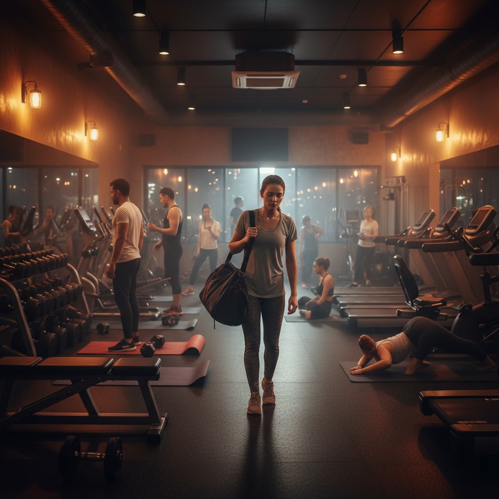 After-Work Fitnessmoment in einem vollen Studio als relatable Alltagssituation