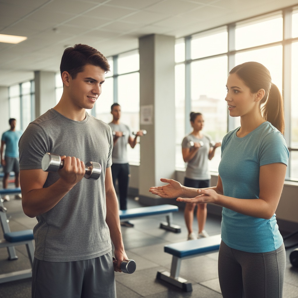 Anfängerin im Fitnessstudio in einer realistischen und unterstützenden Trainingssituation