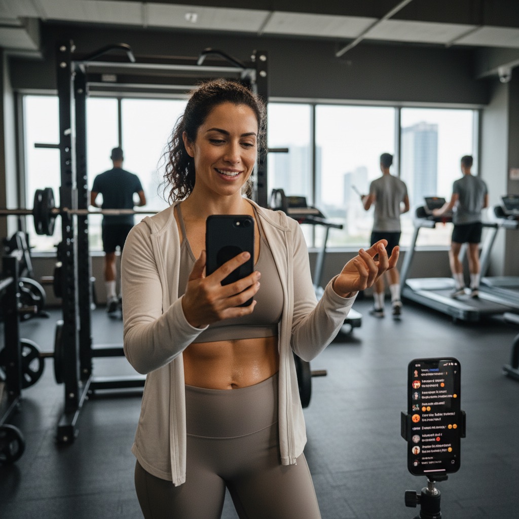 Fitness Creator nimmt eine Story im Gym auf und interagiert mit der Community