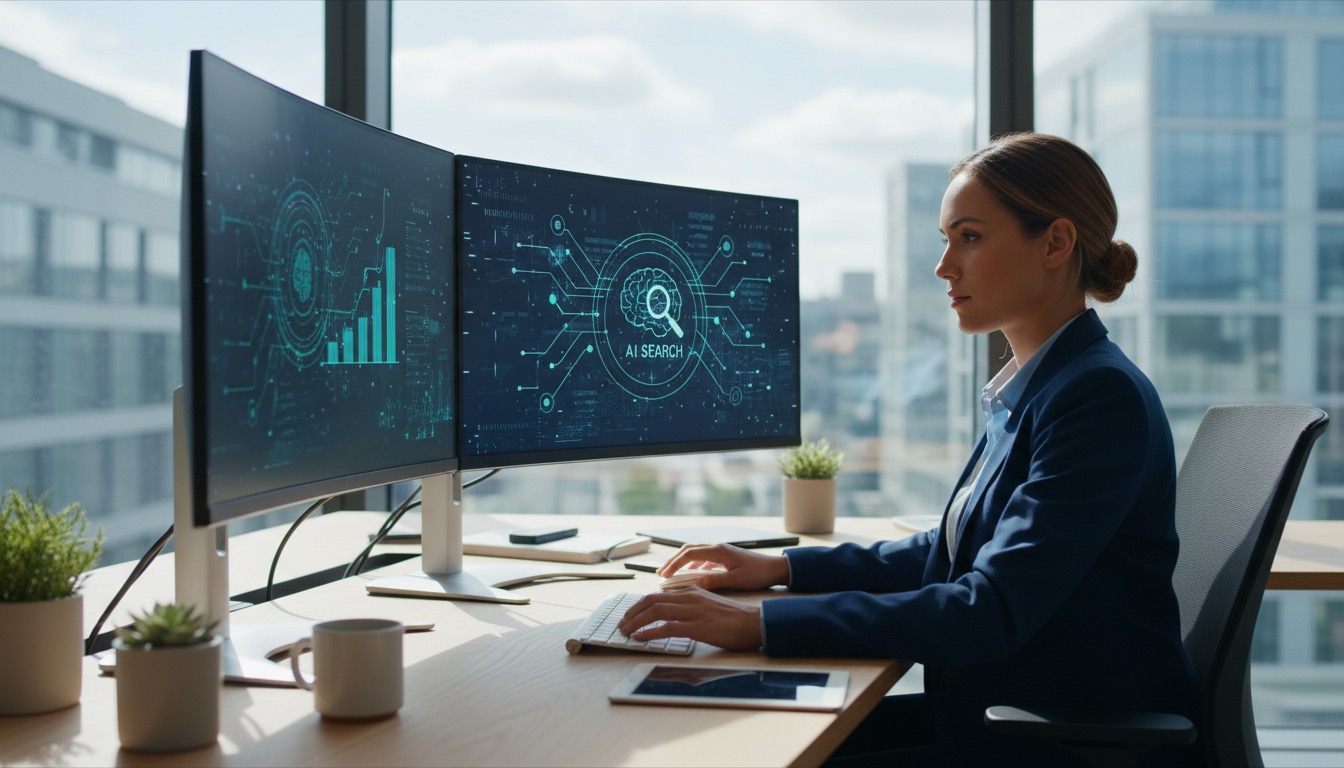 Experte analysiert KI-Suchergebnisse und Content Signale auf mehreren Screens