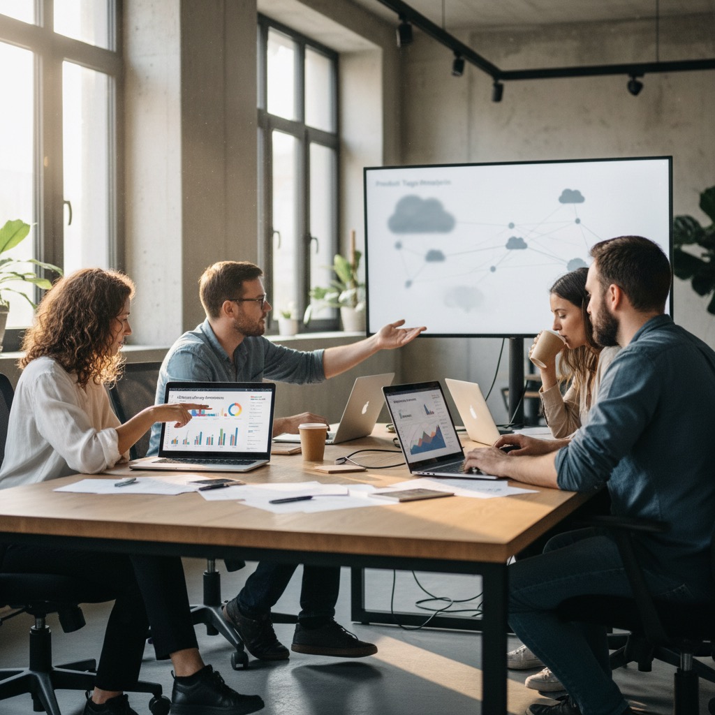 Team analysiert Instagram Shop Performance und Social-Commerce-Kennzahlen in einem modernen Meetingraum