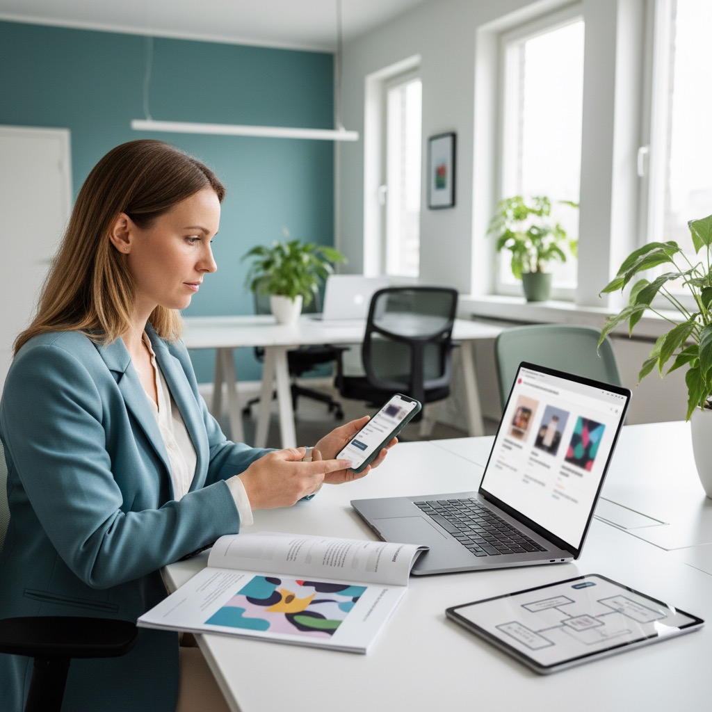 E-Commerce-Managerin richtet Instagram Shopping auf Laptop und Smartphone in einem modernen Buero ein