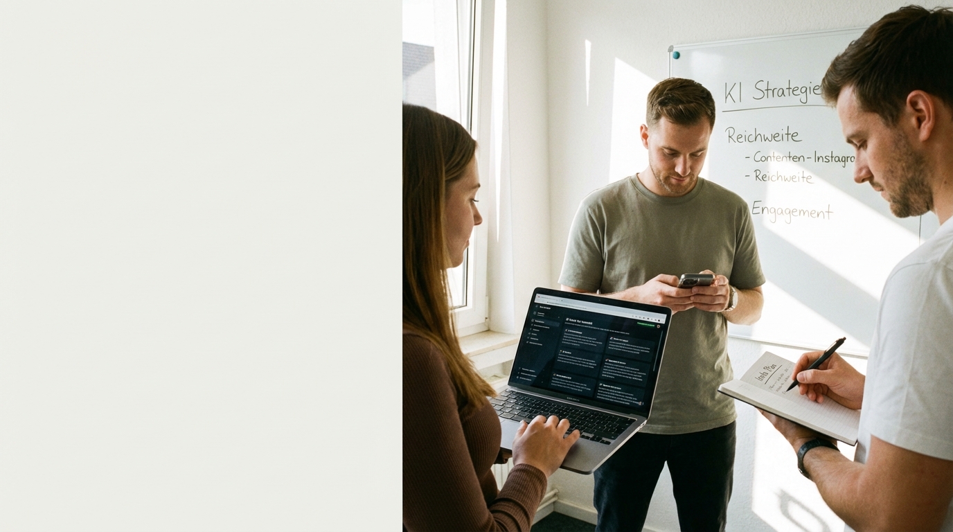 Marketing-Team plant Instagram-Content mit KI-Unterstützung in modernem Büro