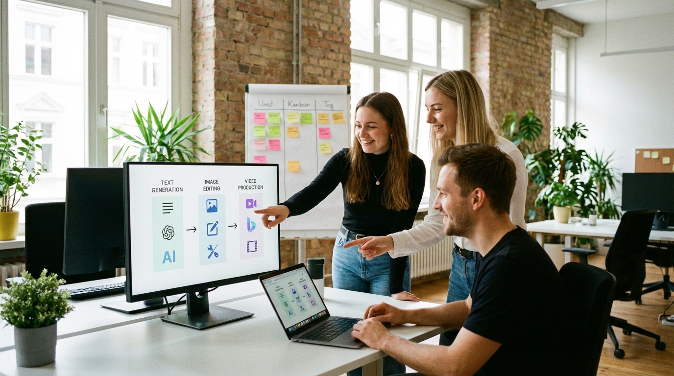 Team arbeitet im Büro an einem KI-gestützten Content-Workflow für Text, Bild und Video