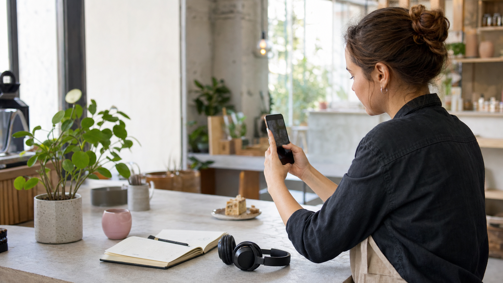 Unternehmerin plant Musik für eine Instagram Story in einem Café